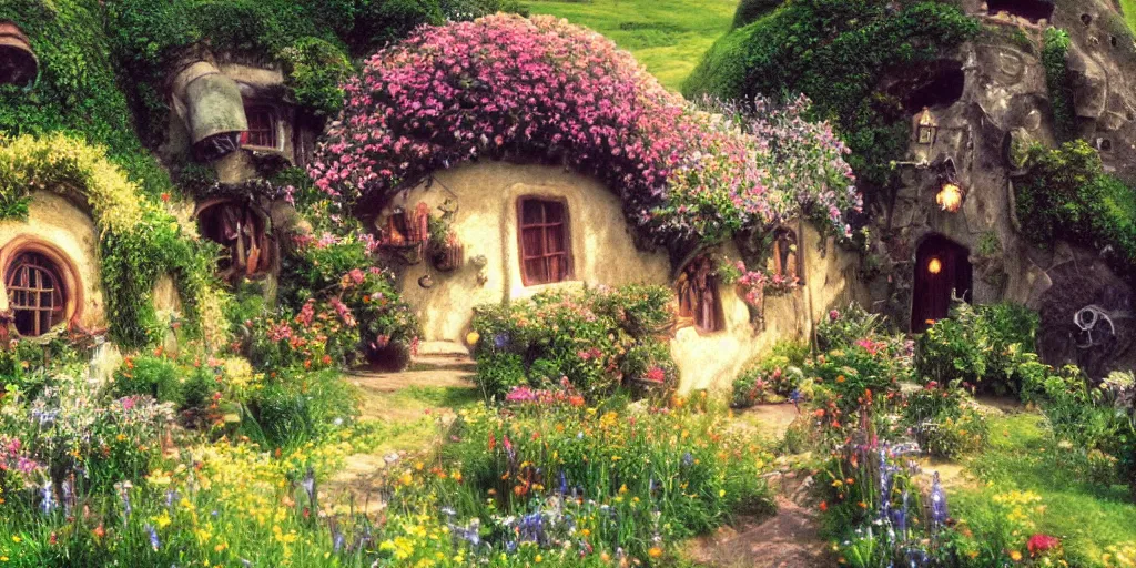 Image similar to a film still of a house from howl's moving castle!!!!! of hobbiton, light bloom, studio ghibli!!!!!