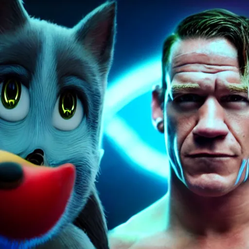 Prompt: John Cena in Sonic the Hedgehog makeup and prosthetics, directed by James Gunn, film still, detailed, 4k