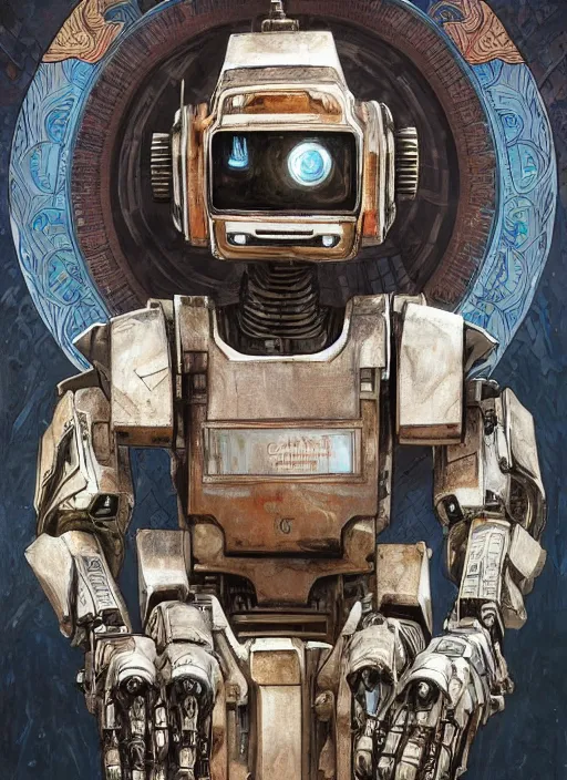 Image similar to chappie robot from thr Chappie movie as God, fantasy, intricate, elegant, highly detailed, digital painting, 4k, HDR, concept art, smooth, sharp focus, illustration, art by alphonse mucha,artgerm, H R Giger