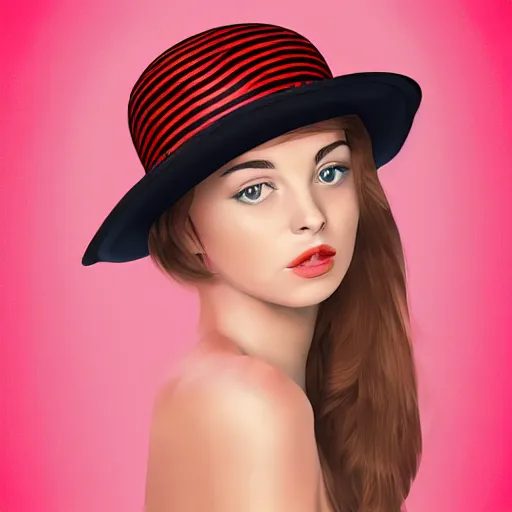 Prompt: elegant girl in a hat with red strip, digital art