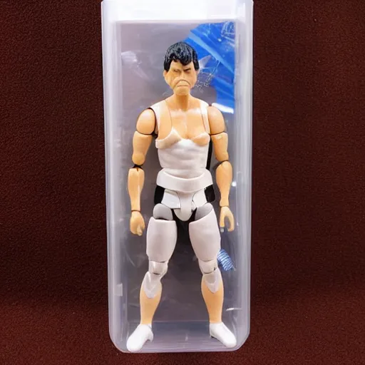 Prompt: bootleg action figure with transparent plastic package