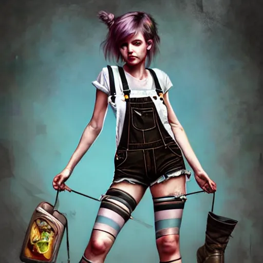 Image similar to full body pose, grungy alice, torn overalls, short shorts, combat boots, fishnets, beautiful, highly detailed face, true anatomy!, extremely detailed!, digital painting, unreal engine 5, art by tom bagshaw