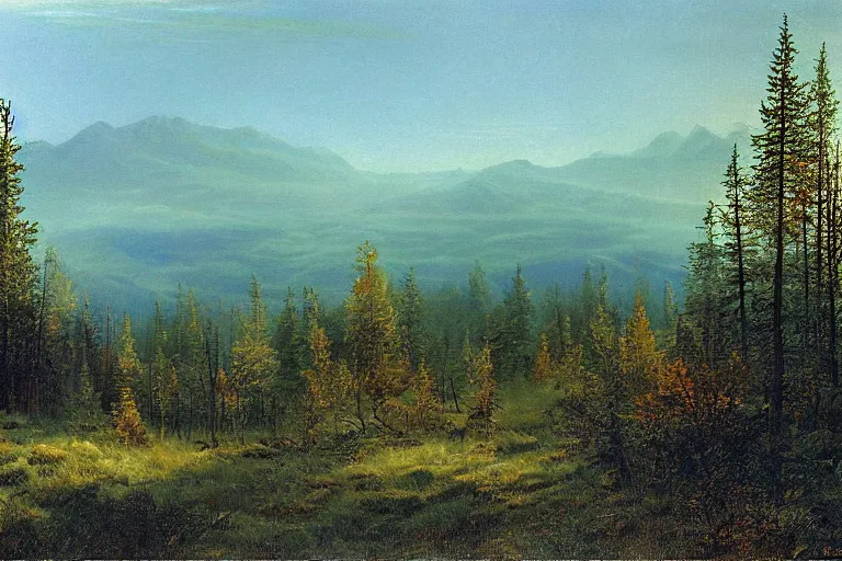 Image similar to a matte painting of morning in the woods by Konstantin Vasilyev