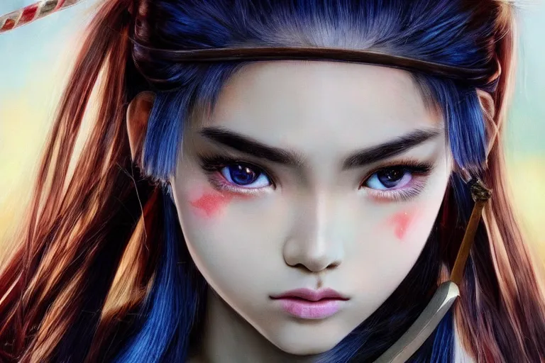 Image similar to highly detailed beautiful photo of madison beer as a young female samurai, practising her sword staces, symmetrical face, beautiful eyes, cobalt blue hair, realistic anime art style, 8 k, award winning photo, pastels colours, action photography, 1 / 1 2 5 shutter speed, sunrise lighting