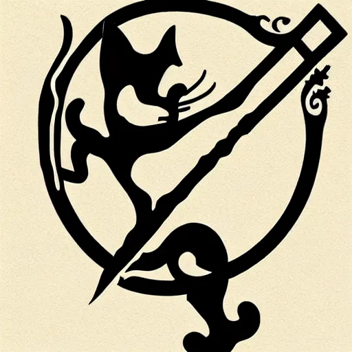 Image similar to tattoo design, stencil, a cat jumping in the air with a sword above it