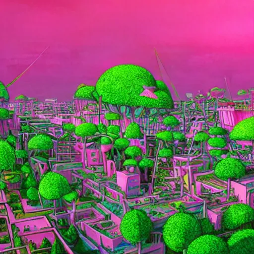Image similar to pink and green alien city, photorealistic beautiful in the style of studio ghibli. hyperdetailed photorealism, 1 0 8 megapixels, amazing depth, glowing rich colors, powerful imagery, psychedelic overtones, 3 d finalrender, 3 d shading, cinematic lighting, artstation concept art