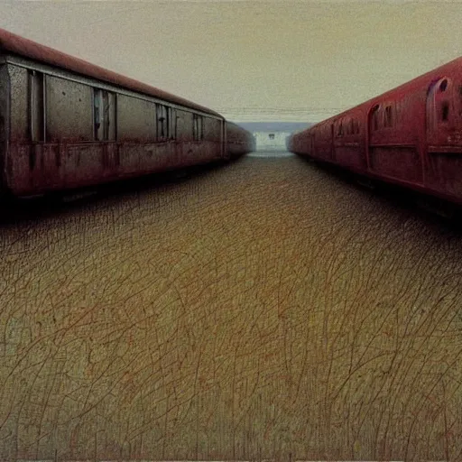 Prompt: Train Locomotive. Vacant. Desolation. Unsettling. Zdzisaw Beksinski