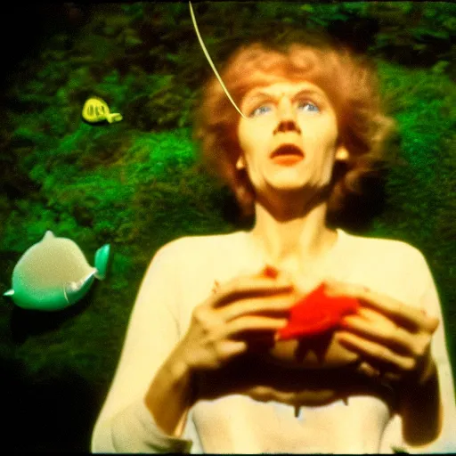 Image similar to surprised woman who has given birth to an inflatable fish, Tarkovsky film, archival footage, technicolor film expired film live-action, 16mm