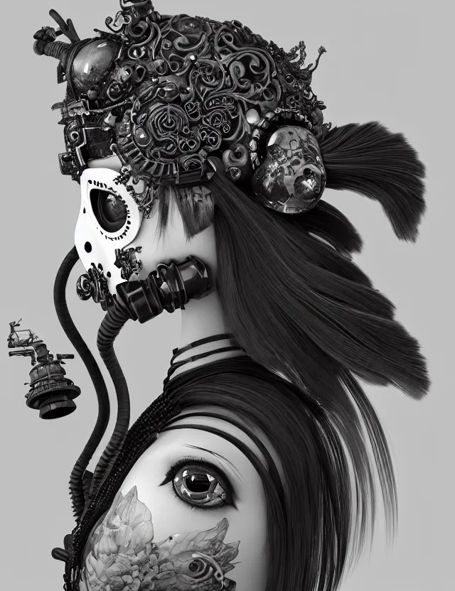 Image similar to 3 d goddess close - up profile punk portrait with vintage gas mask ram skull. beautiful intricately detailed japanese crow kitsune mask and clasical japanese kimono. betta fish, jellyfish phoenix, bio luminescent, plasma, ice, water, wind, creature, artwork by tooth wu and wlop and beeple and greg rutkowski