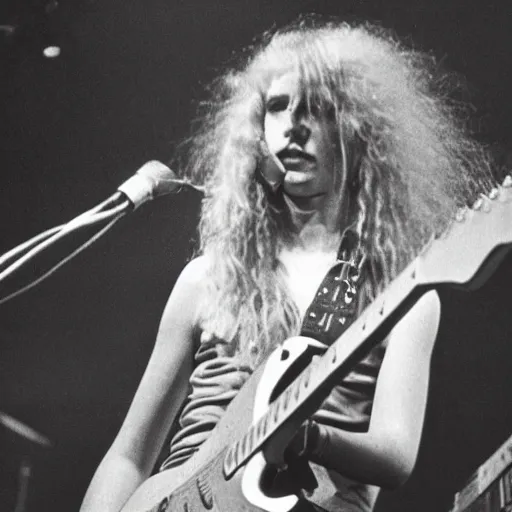 Prompt: 19-year-old women holding electric guitars, long shaggy blonde hair, permed hair, New Wave of British Heavy Metal, live in concert, concert footage, Great Britain, 1981 photograph, 16mm photography