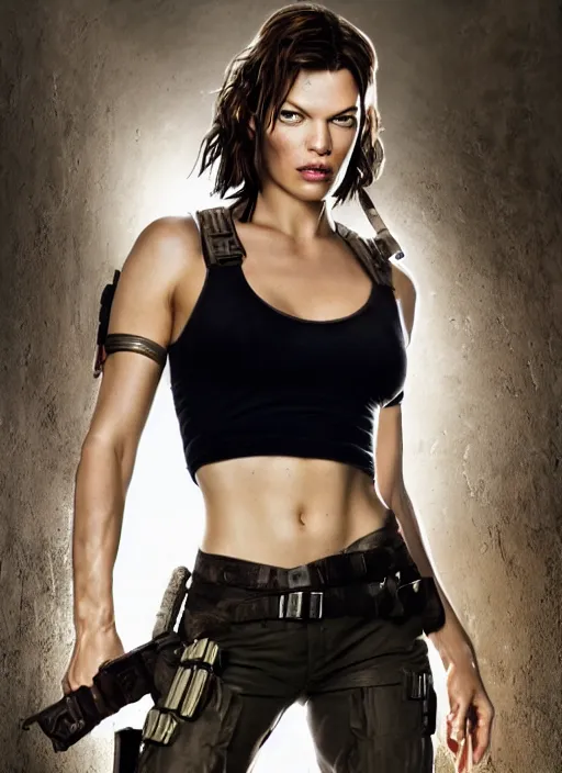 Image similar to portrait of mila jovovich as lara croft, by charlotte grimm, natural light, detailed face, beautiful features, symmetrical, canon eos c 3 0 0, ƒ 1. 8, 3 5 mm, 8 k, medium - format print, half body shot