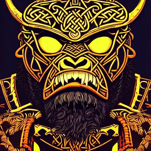 Prompt: barong family member, viking warrior, viking beard, king kong, wiwek, mara demon, one single tribe member, jungle, one single mask, dark, ancient warrior, tribal, inner glow, art by dan mumford and justin gerard