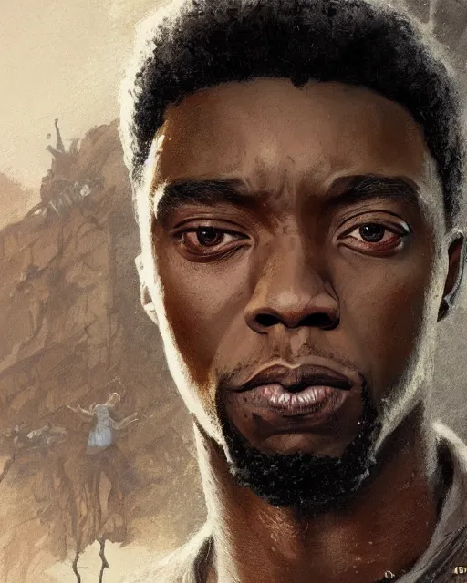 Prompt: chadwick boseman, hyper realistic face, beautiful eyes, fantasy art, in the style of greg rutkowski, intricate, hyper detailed, smooth