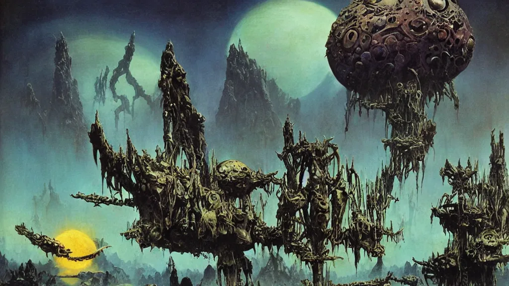 Image similar to surreal eerie alien planet empire with strange biomechanical plants by frank frazetta and bruce pennington, cinematic matte painting