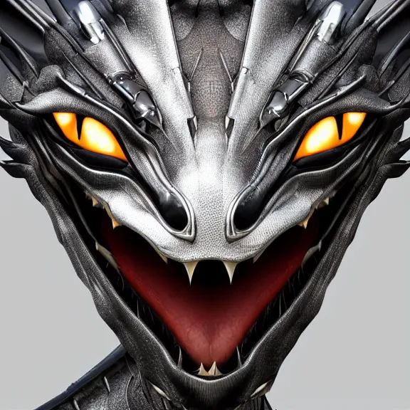 Image similar to high quality close up headshot of a cute beautiful stunning robot anthropomorphic female dragon, with sleek silver armor, a black OLED visor over the eyes, facing the camera, high quality dragon maw open and about to eat you, you being dragon food, the open maw being detailed and soft, highly detailed digital art, furry art, anthro art, sci fi, warframe art, destiny art, high quality, 3D realistic, dragon mawshot, furry mawshot, macro art, dragon art, Furaffinity, Deviantart