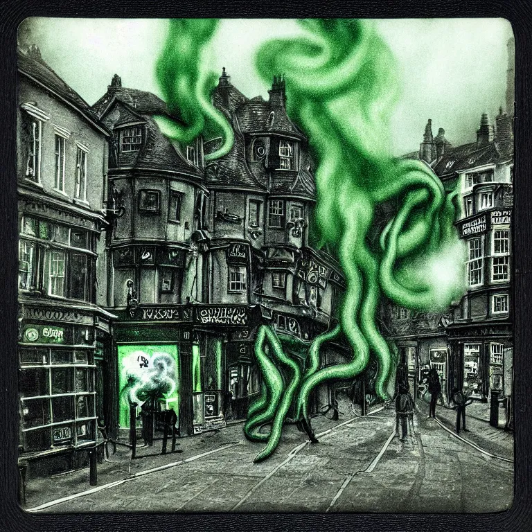 Image similar to black and dark green eldritch smoke and tendril monsters in a typical english high street. terrified people running and screaming. polaroid. photorealistic. highly detailed