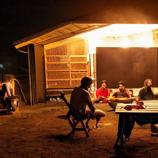 Prompt: It's a deep night, in the yard, in the distance two guys are grilling kebabs and chatting about the meaning of life, in the foreground on the left by the garage wall is a long table and two long benches with six girls and four guys sitting on them, one guy has an acoustic guitar and another guy is vaping, and to the right in the foreground is a vegetable garden, and one guy stepped in the bed by accident, and the other two guys are pulling him out of it, sharp focus, fantasy style, octane render, volumetric lighting, 8k high definition, by greg rutkowski, highly detailed, trending on art Station