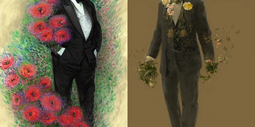 Prompt: Monet in a Tuxedo with flower texture, super highly detailed, cosmic horror, concept art, 4K, HDR, trending on ArtStation