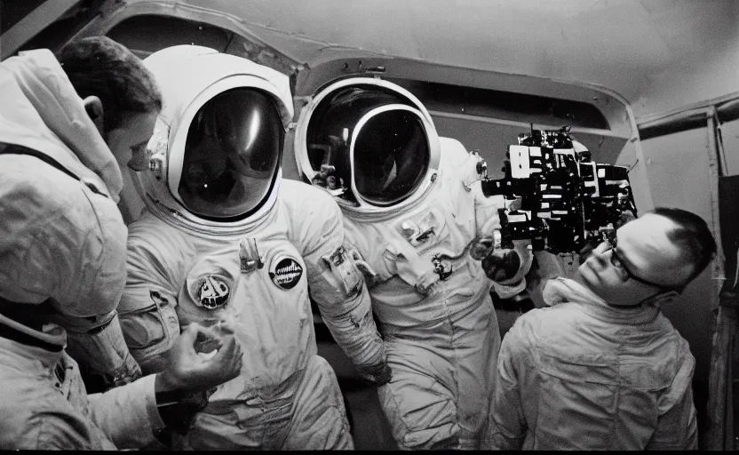 Prompt: Behind the scenes photos of the faked Apollo 11 Lunar landing on a Hollywood sound stage directed by Stanley Kubrick. Leica IIIc, 35mm. Black and white film. Grainy, low contrast, blurry, candid