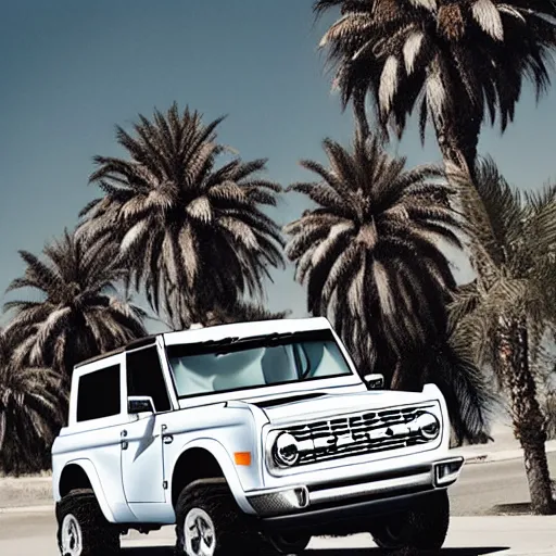 Image similar to white ford bronco, burning palm trees, knife, ski mask*