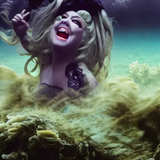 Image similar to Trump as Ursula the sea witch underwater, 8k, professional photography, cinematic shot, dark, smoke