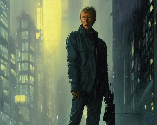 Image similar to 2 0 1 8 blade runner movie young man young clint eastwood in his youth look at the cityscape from roof perfect face fine realistic face pretty face reflective polymer suit tight neon puffy jacket blue futuristic sci - fi elegant by denis villeneuve tom anders zorn hans dragan bibin thoma greg rutkowski ismail inceoglu illustrated sand storm alphonse mucha