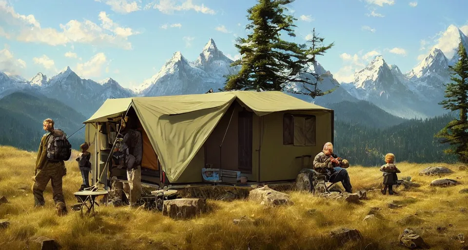 Image similar to cabela's beautiful comfortable carbon framed, military grade, modular insulated wall portable container home kit - house all weather family dwelling tent house, person in foreground, mountainous forested wilderness open fields, beautiful views, painterly concept art, environmental concept art, concept art illustration, by james gurney, by craig mullins, by greg rutkowski trending on artstation