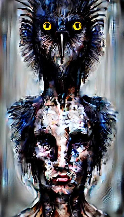 Image similar to epic professional digital portrait art of a human - aninal hybrid creature, portrait, human eyes, crow head, human skin, feathery skin, humanoid figure