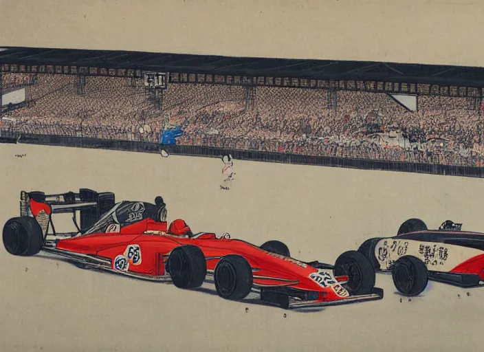 Image similar to ukiyo - e painting of formula 1 cars at circuit de spa - francorchamps