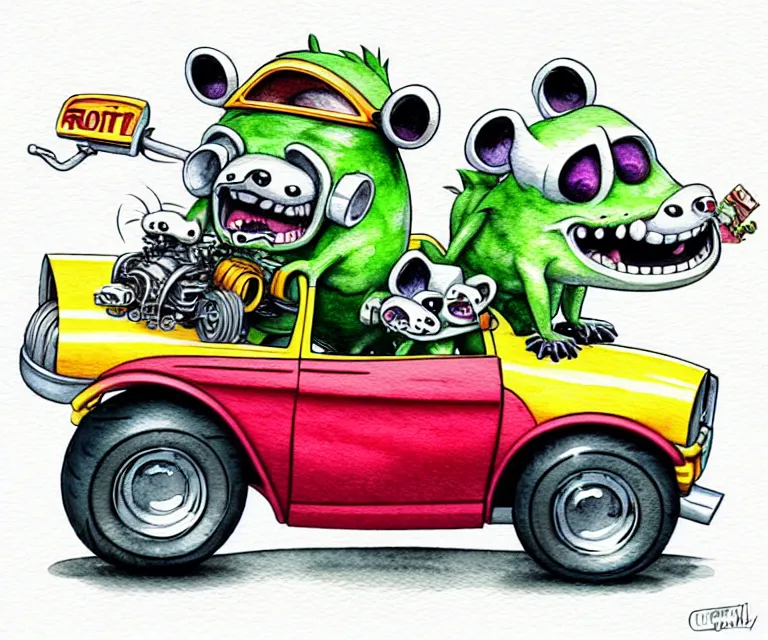 Image similar to cute and funny, racoon driving a tiny hot rod with an oversized engine, ratfink style by ed roth, centered award winning watercolor pen illustration, isometric illustration by chihiro iwasaki, edited by craola, tiny details by artgerm and watercolor girl, symmetrically isometrically centered