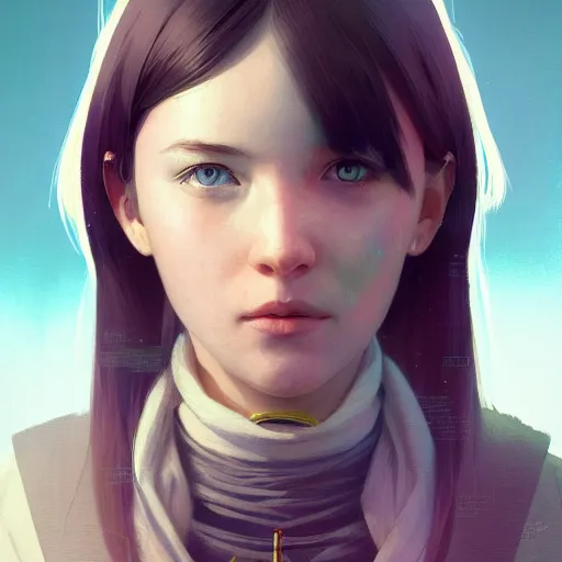 Image similar to portrait of android girl, highly detailed vfx portrait, unreal engine, greg rutkowski, loish, rhads, caspar david friedrich, makoto shinkai and lois van baarle, ilya kuvshinov, rossdraws, elegent, tom bagshaw, alphonse mucha, global illumination, detailed and intricate environment