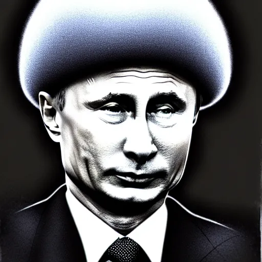 Image similar to vladimir putin with a nuclear mushroom cloud ushanka hat, cartoonish, ultra detailed pencil drawing