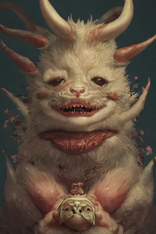 Image similar to a portrait of a cute japanese devil animal illustrated by miyazaki by karol bak, james jean, tom bagshaw, rococo, sharp focus, trending on artstation, cinematic lighting, hyper realism, octane render, 8 k, hyper detailed, vivid, ultra detailed, highly detailed