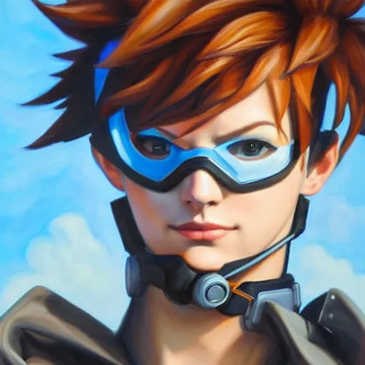 Image similar to oil painting of tracer overwatch in a field, in style of artgerm, expressive face, very detailed face, wearing large steel choker, very detailed eyes, full body, feminine face, detailed makeup on eyes,