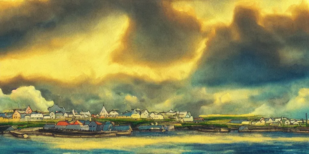 Image similar to a beautiful painting of a icelandic fishing village, storm clouds gathering over the town, by studio ghibli 8 k pastel colours, smeared watercolours, golden light film grain