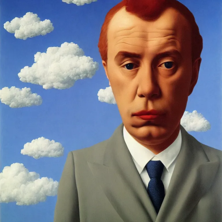 Image similar to portrait of a man made out of clouds, by rene magritte, detailed painting, hd, hq, high resolution, high detail, 4 k, 8 k