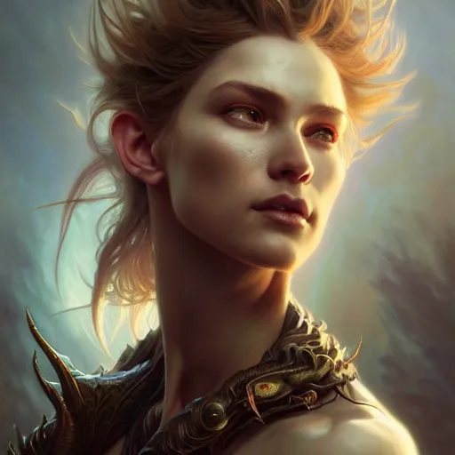 Image similar to portrait painting of a human fusion with a dragon, ultra realistic, concept art, intricate details, eerie, highly detailed, photorealistic, octane render, 8 k, unreal engine. art by artgerm and greg rutkowski and charlie bowater and magali villeneuve and alphonse mucha