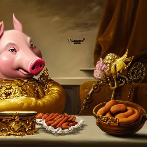 Image similar to pig wearing gold crown eating polish sausage, Realistic, Regal, Refined, Detailed Digital Art, Michael Cheval, Walt Disney (1937), François Boucher, Oil Painting, Steampunk, Highly Detailed, Cinematic Lighting, Unreal Engine, 8k