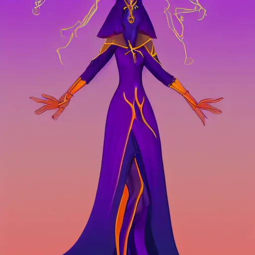 Image similar to mythical goddess from the 4th dimension wearing a comically long dress and robe, purple colors, character concept art, trending on artstation