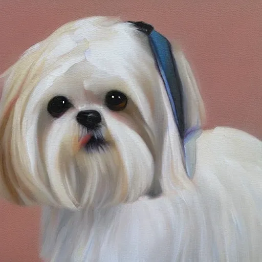 Image similar to white and blonde shih tzu painting, portrait, oil painting