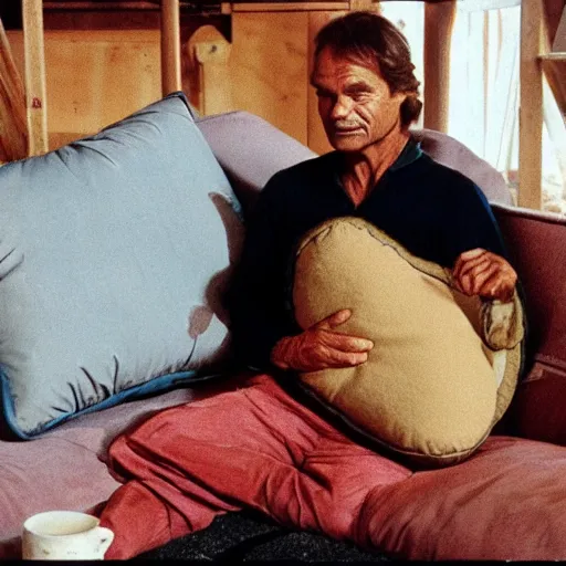 Image similar to terence hill drinking tea with an elderly lady in his mountain cabin, a cute earth pillow is visible in the couch