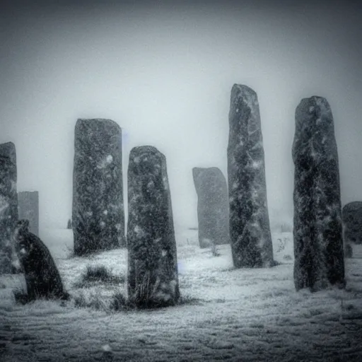 Prompt: '50 cats playing, neolithic standing stones, a haunting snow storm, fog, atmosphere, brooding clouds'