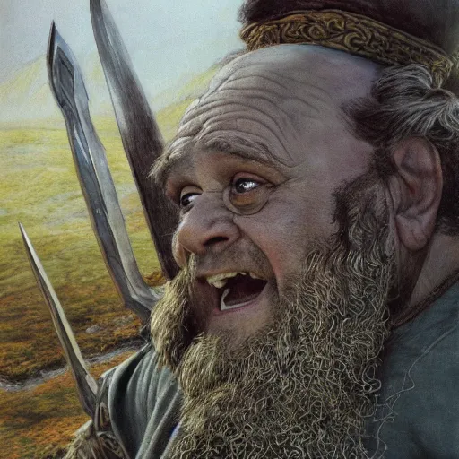 Image similar to danny devito as gimli, by alan lee, frank reynolds, lord of the rings calendar, smooth, detailed terrain, oil painting, matte painting, concept art, trending on artstation, promotional artwork, film still