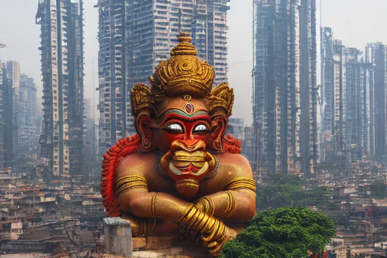 Image similar to high quality 3 d cyberpunk biomorphic hanuman head building in the middle of mumbai!!, kalighat highly detailed, cinematic smooth, stephen shore & john j. park, soft morning light, wide shot, high angle, uhd 8 k, deep focus