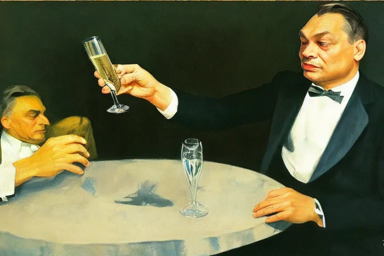 Prompt: viktor orban drinking champagne, highly detailed face by edward hopper