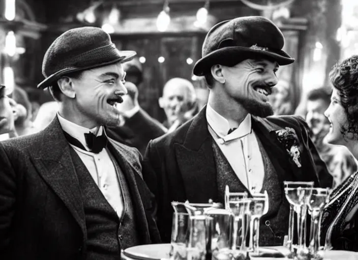 Prompt: an celebration in a bar scene from the series peaky blinders, leonardo dicaprio, scarlet johansen, daniel day - lewis, happy, joyful, laughter, celebration, detailed and symmetric faces, black and white, cinematic, epic,