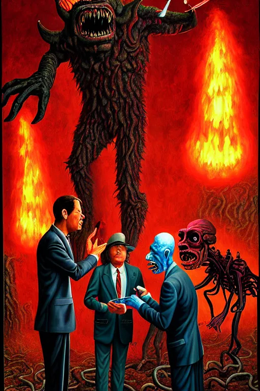 Image similar to a hyperrealistic painting of a news reporter interviewing monsters at the gates of hell, cinematic horror by jimmy alonzo, the art of skinner, chris cunningham, lisa frank, richard corben, highly detailed, vivid color,