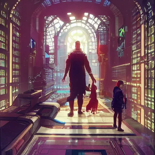 Prompt: (Night City Cyberpunk 2077) Frenetic domesticity, with a parent and child in the center, surrounded by futuristic items of convenience. The colors are muted-neon and calming, serine complacency. By Ellen Jewett, by Lawrence Alma-Tadema, realistic