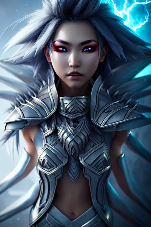 Image similar to sakimi chan, battle armor, detailed face, white skin, dramatic lighting, tony sart, unreal engine, wind, lightning