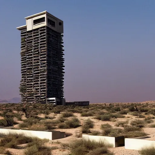 Prompt: biophilia brutalism skyscraper hotel in the desert